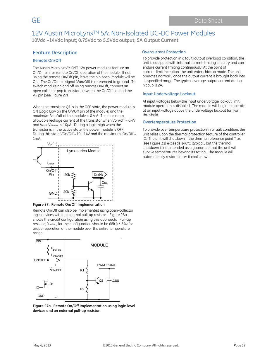 12v austin microlynx, 5a: non-isolated dc-dc power modules, Data sheet | Feature description | GE Industrial Solutions 12V Austin MicroLynx 5A User Manual | Page 12 / 21