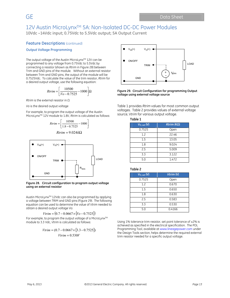 12v austin microlynx, 5a: non-isolated dc-dc power modules, Data sheet | Feature descriptions | GE Industrial Solutions 12V Austin MicroLynx 5A User Manual | Page 13 / 21