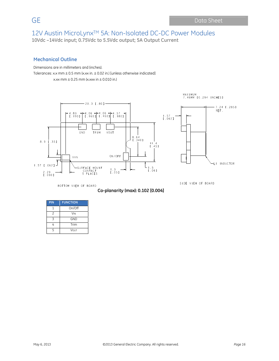 12v austin microlynx, 5a: non-isolated dc-dc power modules, Data sheet | GE Industrial Solutions 12V Austin MicroLynx 5A User Manual | Page 16 / 21