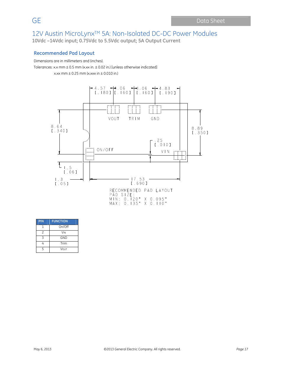 12v austin microlynx, 5a: non-isolated dc-dc power modules, Data sheet | GE Industrial Solutions 12V Austin MicroLynx 5A User Manual | Page 17 / 21