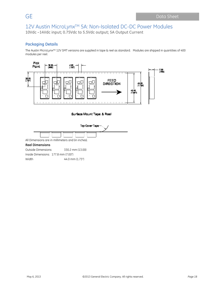 12v austin microlynx, 5a: non-isolated dc-dc power modules, Data sheet | GE Industrial Solutions 12V Austin MicroLynx 5A User Manual | Page 18 / 21