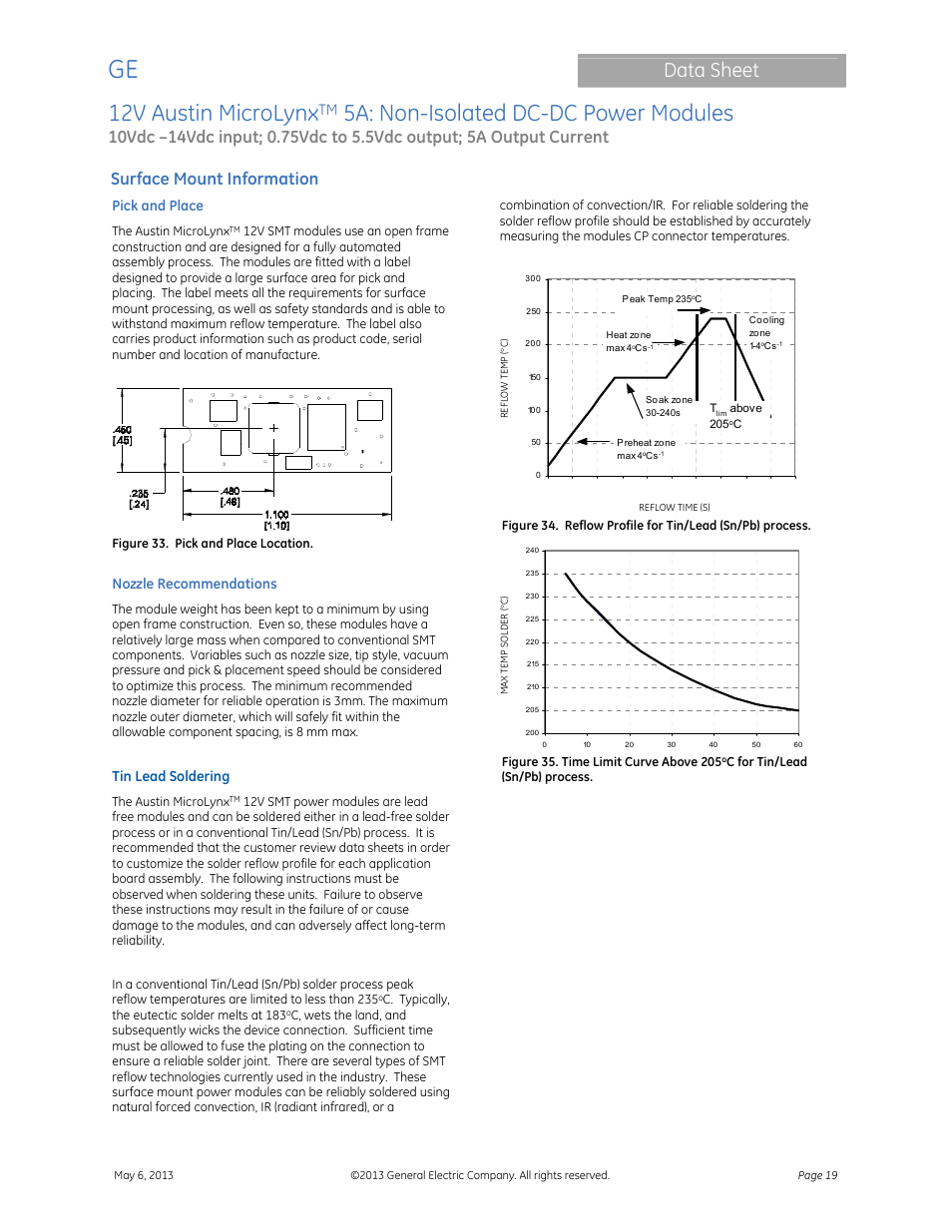 12v austin microlynx, 5a: non-isolated dc-dc power modules, Data sheet | Surface mount information | GE Industrial Solutions 12V Austin MicroLynx 5A User Manual | Page 19 / 21
