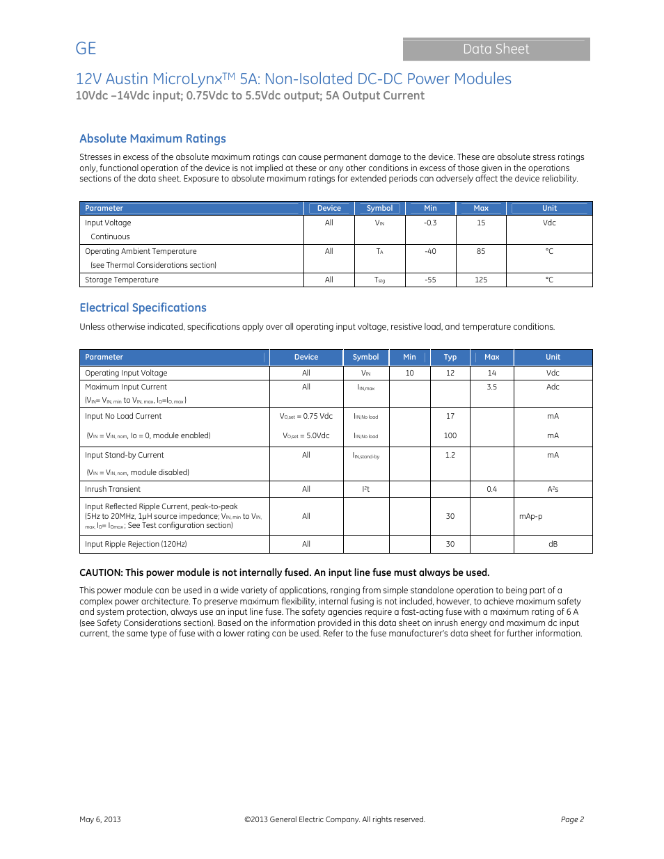 12v austin microlynx, 5a: non-isolated dc-dc power modules, Data sheet | Absolute maximum ratings, Electrical specifications | GE Industrial Solutions 12V Austin MicroLynx 5A User Manual | Page 2 / 21