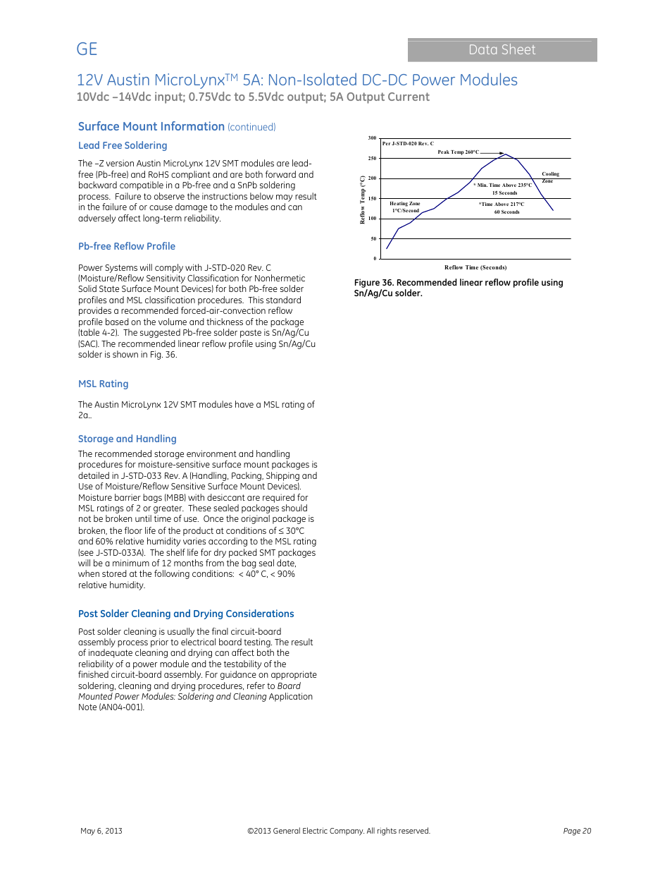 12v austin microlynx, 5a: non-isolated dc-dc power modules, Data sheet | Surface mount information | GE Industrial Solutions 12V Austin MicroLynx 5A User Manual | Page 20 / 21