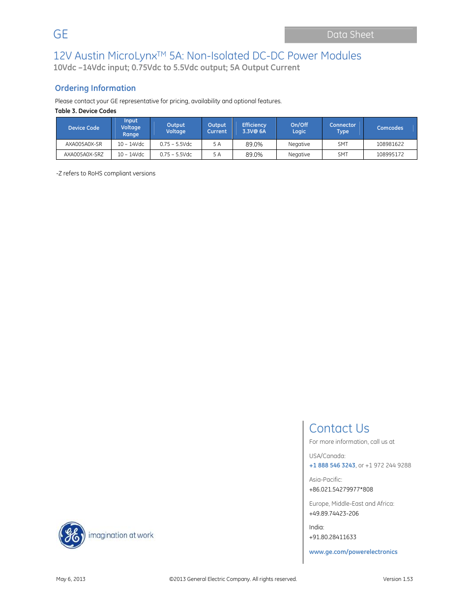 Contact us, 12v austin microlynx, 5a: non-isolated dc-dc power modules | Data sheet, Ordering information | GE Industrial Solutions 12V Austin MicroLynx 5A User Manual | Page 21 / 21