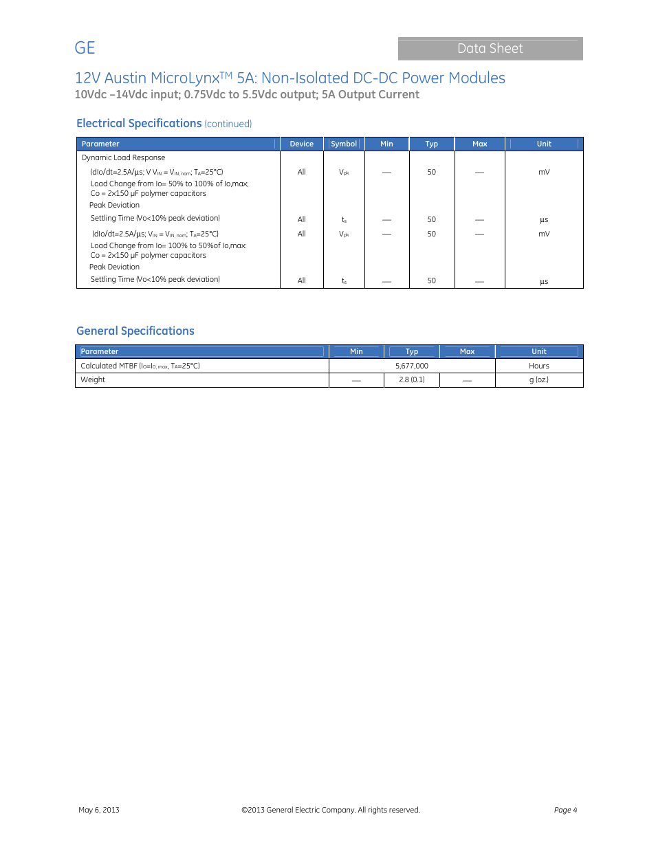 12v austin microlynx, 5a: non-isolated dc-dc power modules, Data sheet | Electrical specifications, General specifications | GE Industrial Solutions 12V Austin MicroLynx 5A User Manual | Page 4 / 21