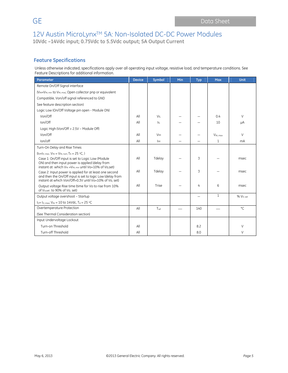 12v austin microlynx, 5a: non-isolated dc-dc power modules, Data sheet | Feature specifications | GE Industrial Solutions 12V Austin MicroLynx 5A User Manual | Page 5 / 21
