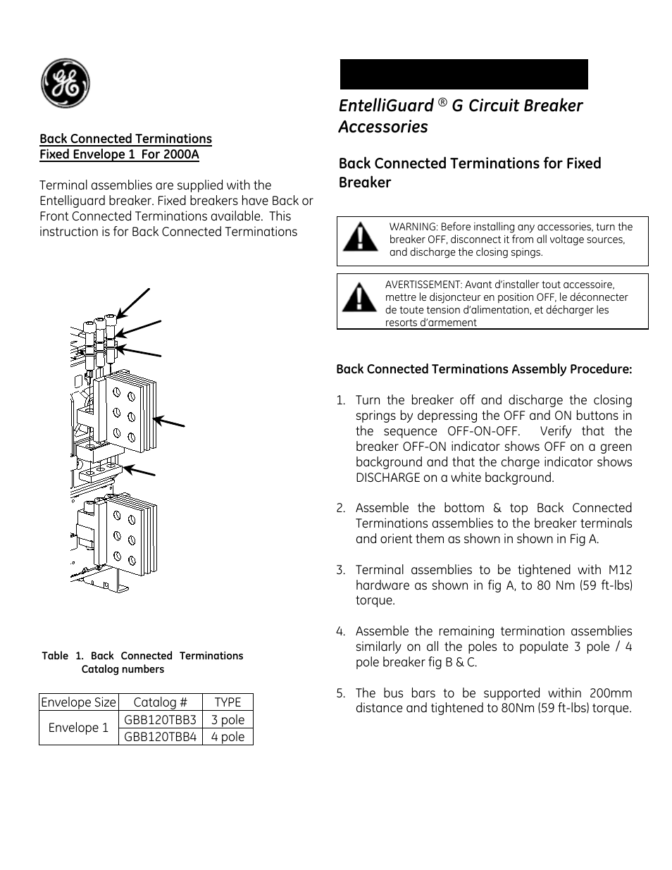 GE Industrial Solutions EntelliGuard G Back Connected Terminations for Fixed Envelope 1 For 2000A User Manual | 2 pages