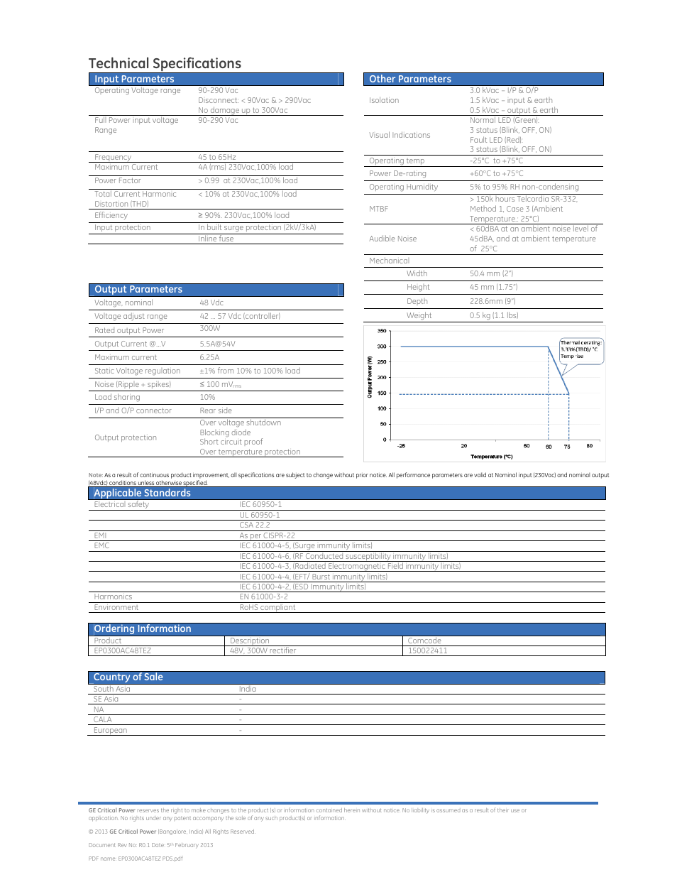 Technical specifications | GE Industrial Solutions EP0300AC48TEZ User Manual | Page 2 / 2