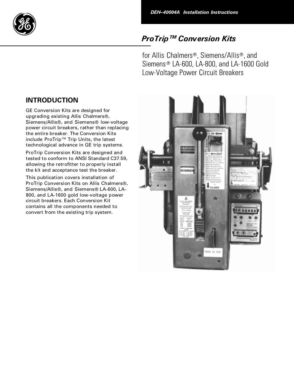 GE Industrial Solutions ProTrip Conversion Kits LA-600, LA-800, and LA-1600 User Manual | 16 pages