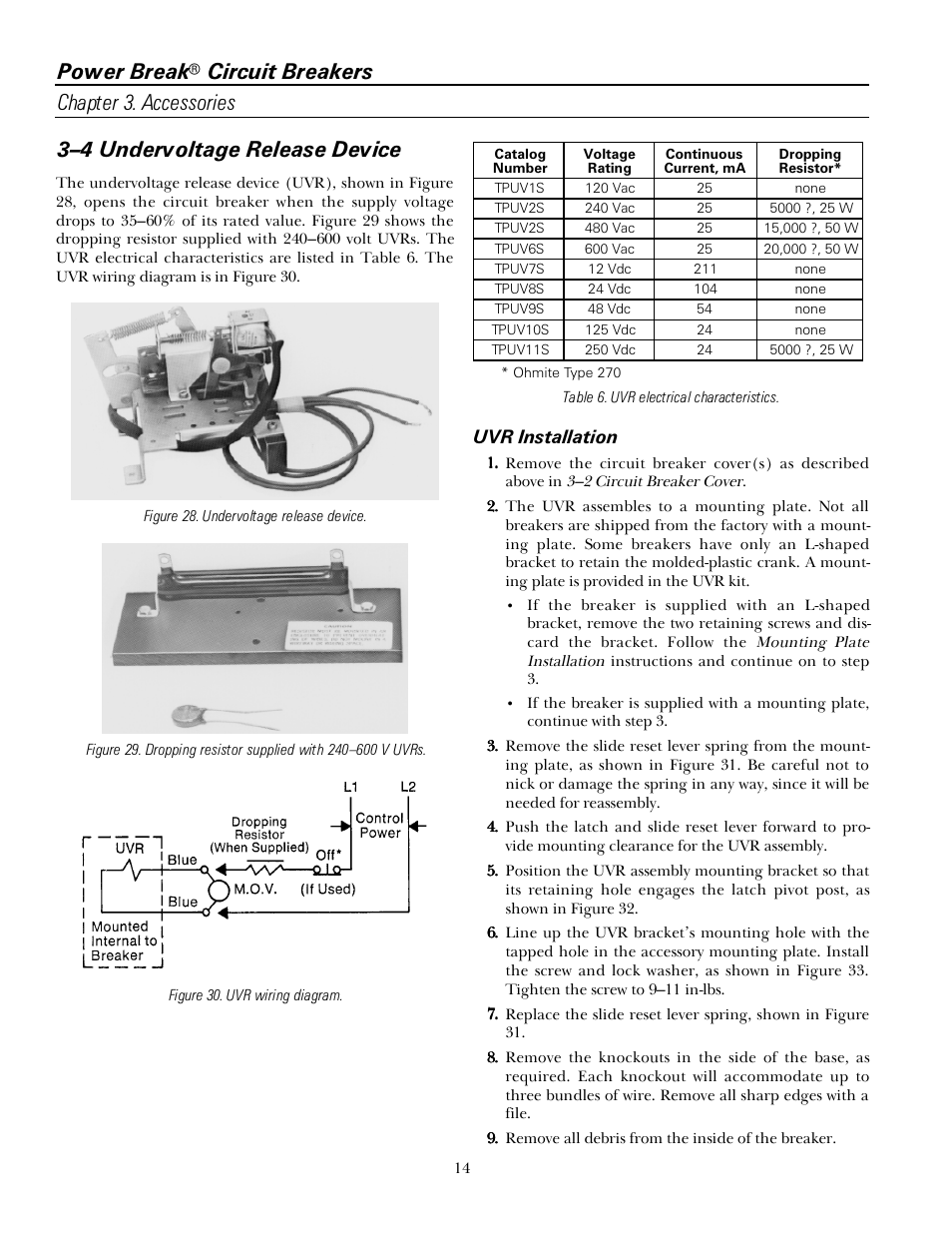 Power break, Circuit breakers chapter 3. accessories, 3–4 undervoltage release device | GE Industrial Solutions Power Break I 800-2000 Frames 240-600 VAC User Manual | Page 20 / 28