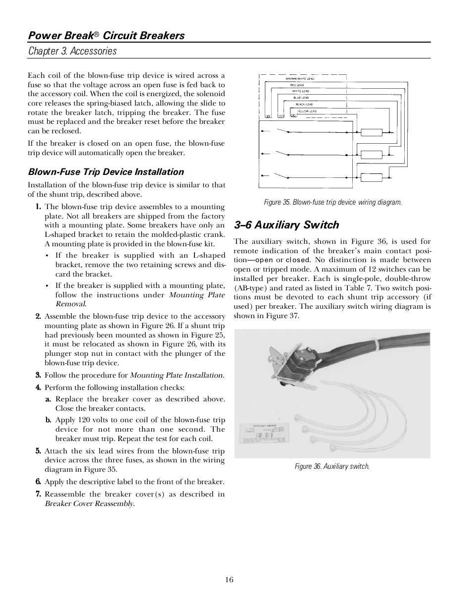 Power break, Circuit breakers chapter 3. accessories, 3–6 auxiliary switch | GE Industrial Solutions Power Break I 800-2000 Frames 240-600 VAC User Manual | Page 22 / 28