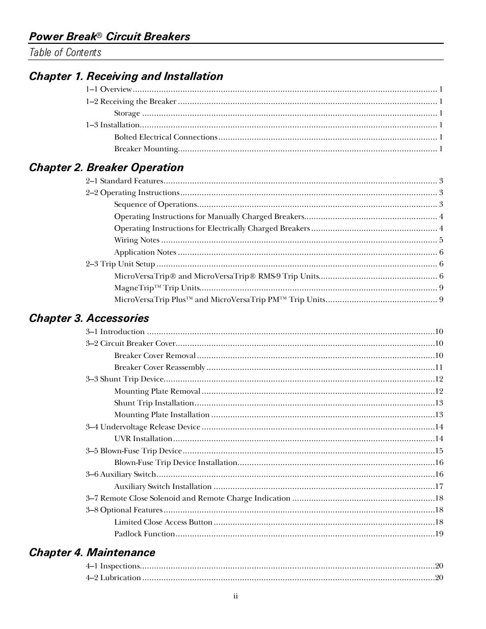 Power break, Circuit breakers table of contents, Chapter 1. receiving and installation | Chapter 2. breaker operation, Chapter 3. accessories, Chapter 4. maintenance | GE Industrial Solutions Power Break I 800-2000 Frames 240-600 VAC User Manual | Page 4 / 28