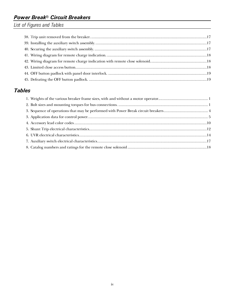 Power break, Circuit breakers list of figures and tables, Tables | GE Industrial Solutions Power Break I 800-2000 Frames 240-600 VAC User Manual | Page 6 / 28