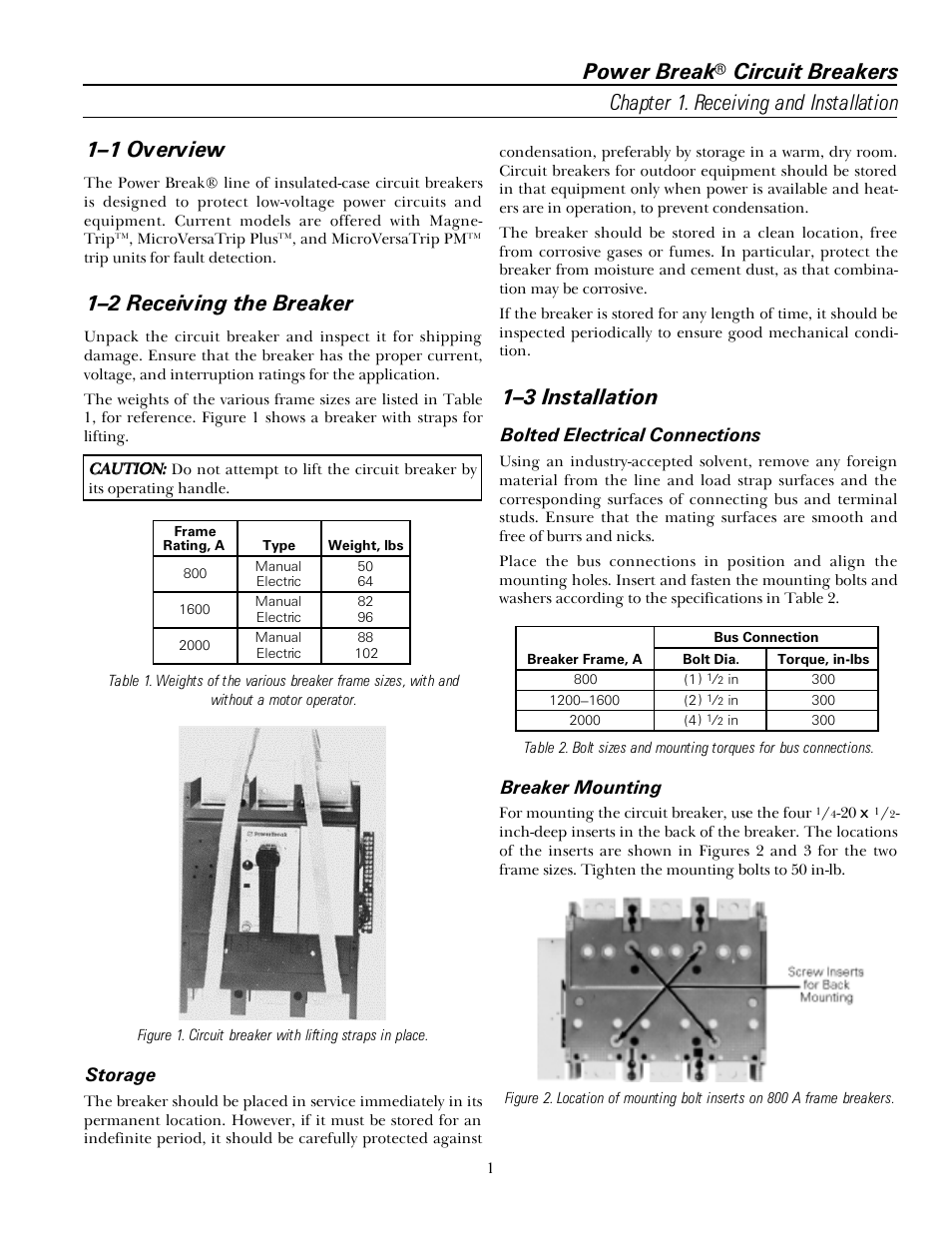 Power break, 1–1 overview, 1–2 receiving the breaker | 1–3 installation | GE Industrial Solutions Power Break I 800-2000 Frames 240-600 VAC User Manual | Page 7 / 28
