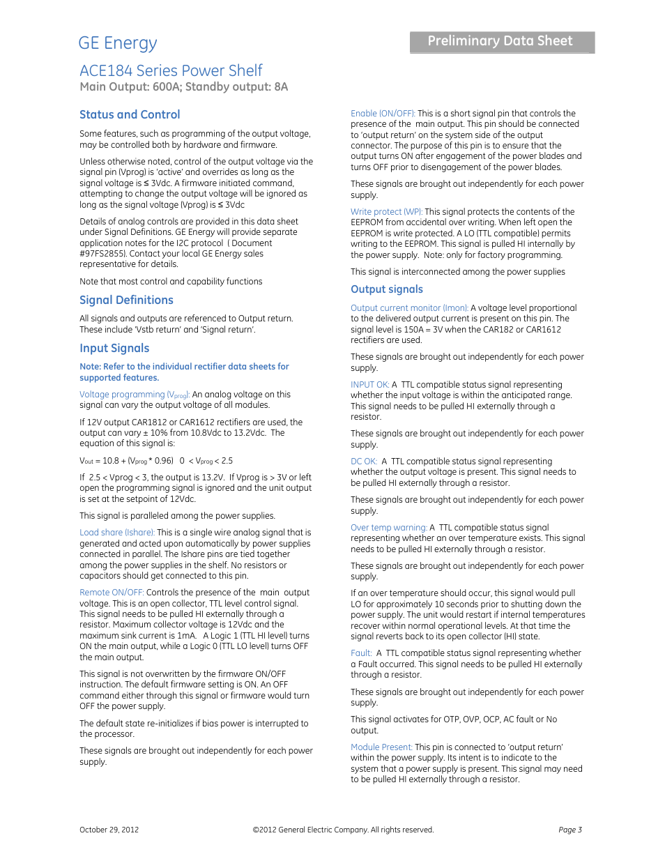 Ge energy, Ace184 series power shelf, Preliminary data sheet | GE Industrial Solutions ACE184 Series User Manual | Page 3 / 6