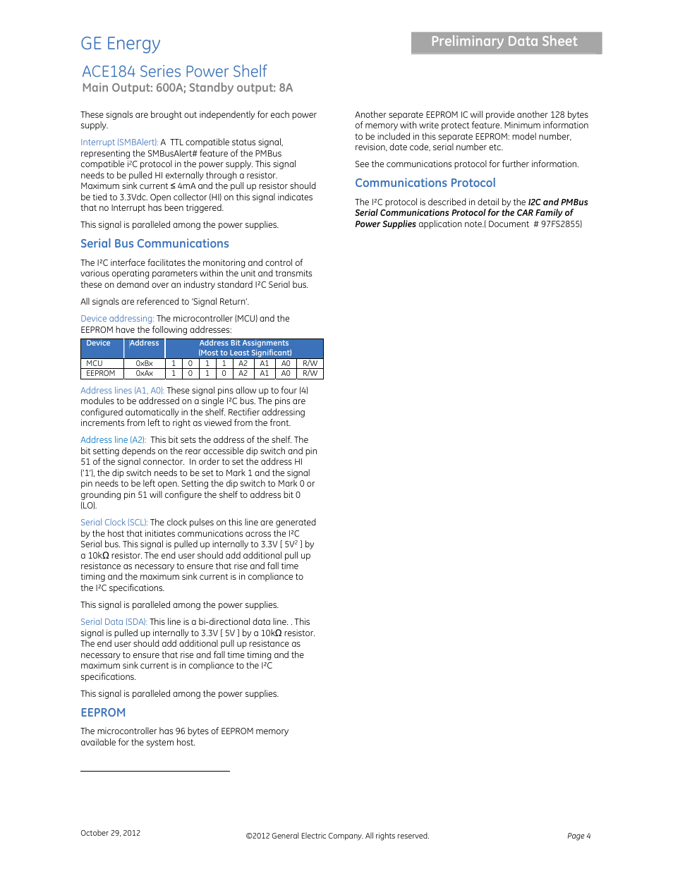 Ge energy, Ace184 series power shelf, Preliminary data sheet | GE Industrial Solutions ACE184 Series User Manual | Page 4 / 6