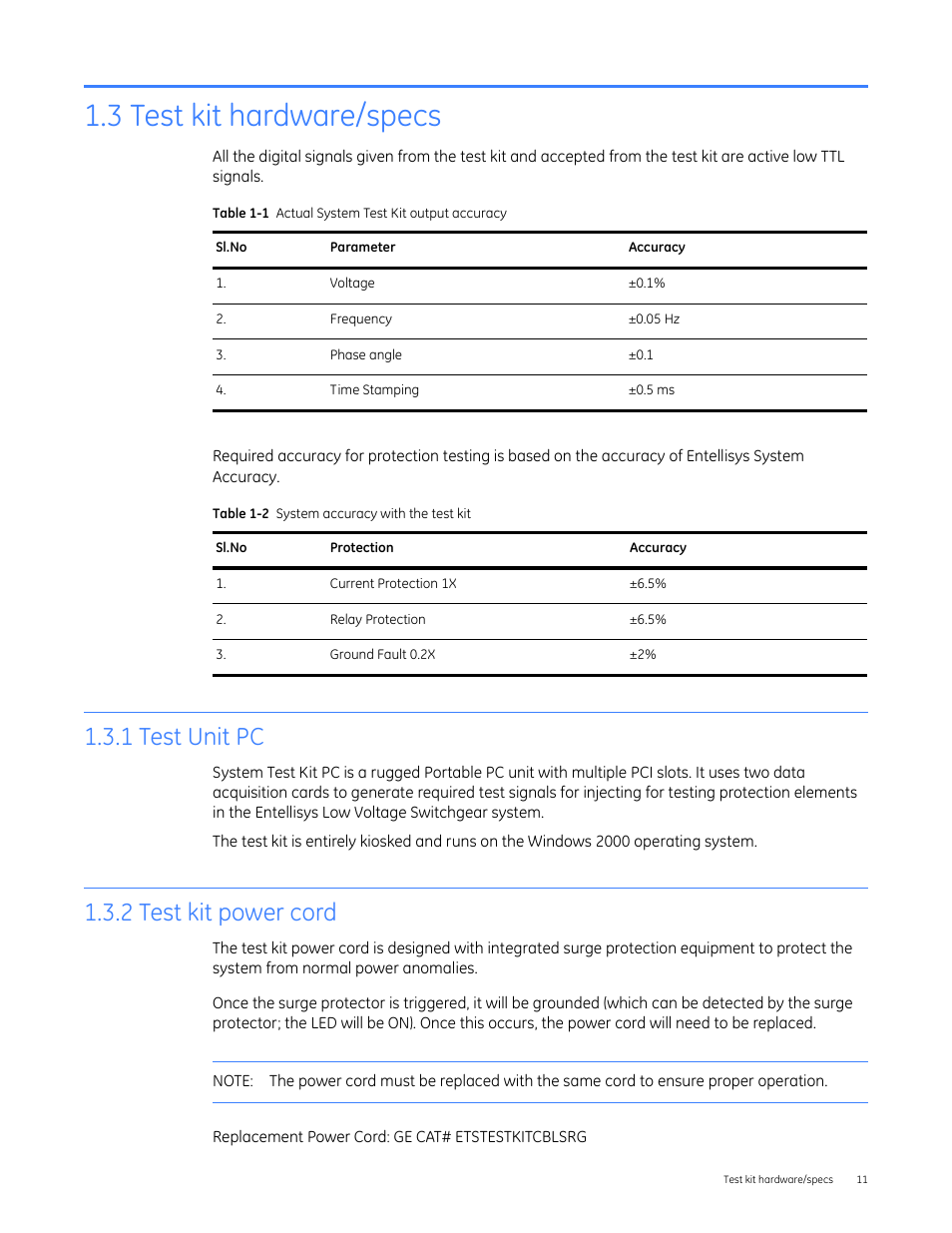 3 test kit hardware/specs, 1 test unit pc, 2 test kit power cord | GE Industrial Solutions Entellisys 4.0 System Test Kit User Manual User Manual | Page 11 / 66