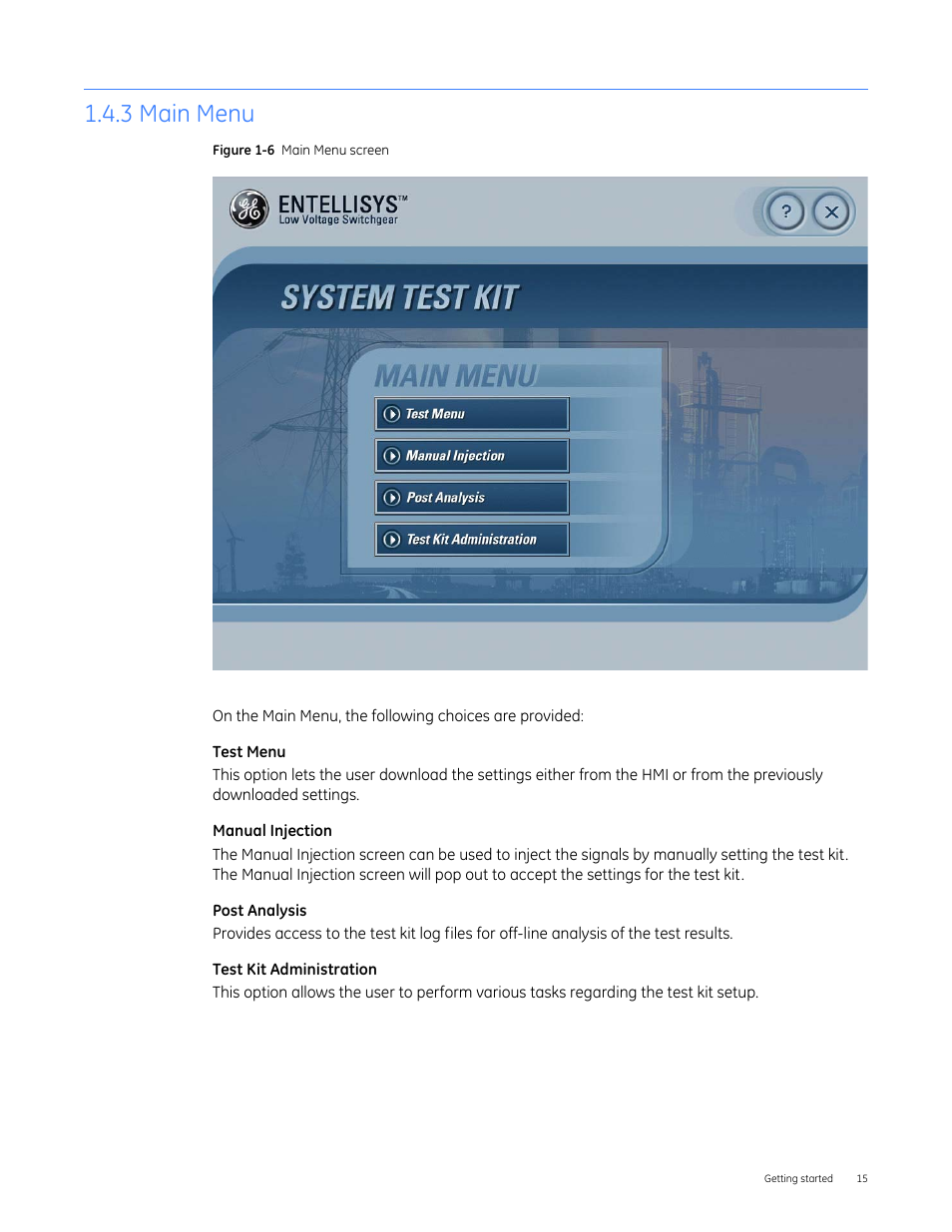 3 main menu | GE Industrial Solutions Entellisys 4.0 System Test Kit User Manual User Manual | Page 15 / 66