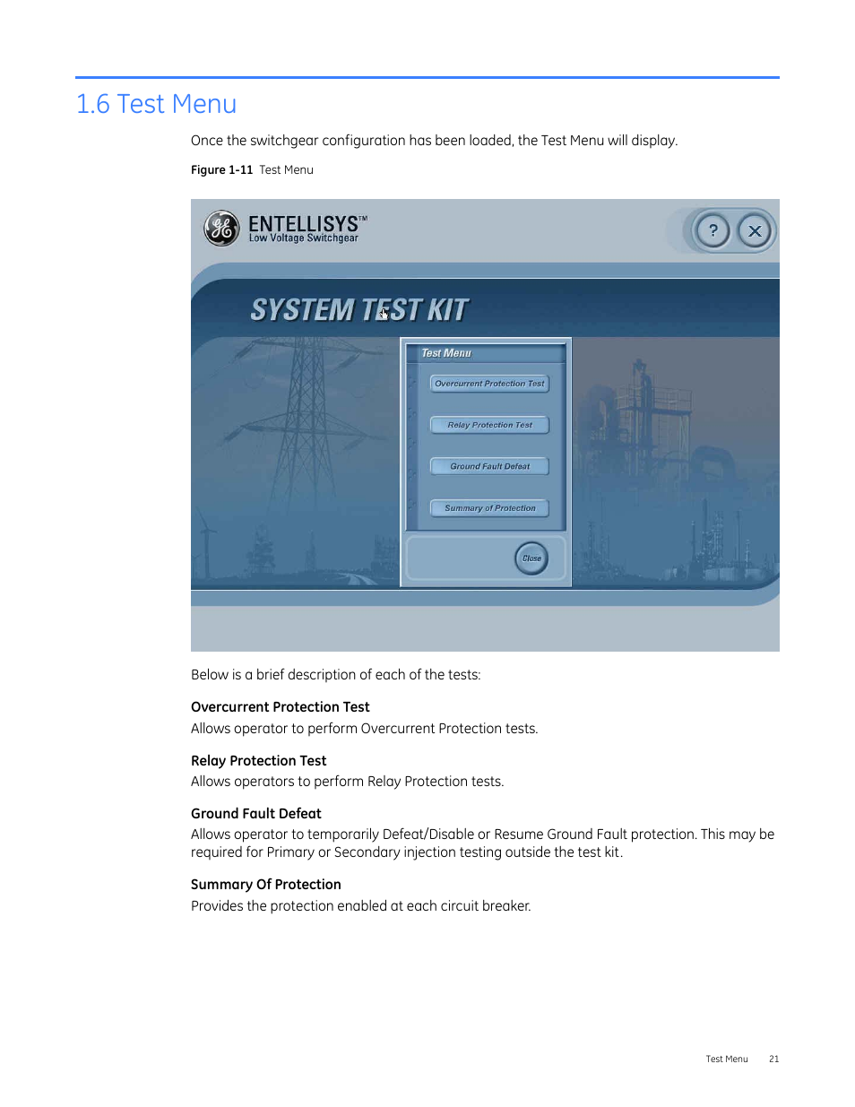 6 test menu | GE Industrial Solutions Entellisys 4.0 System Test Kit User Manual User Manual | Page 21 / 66