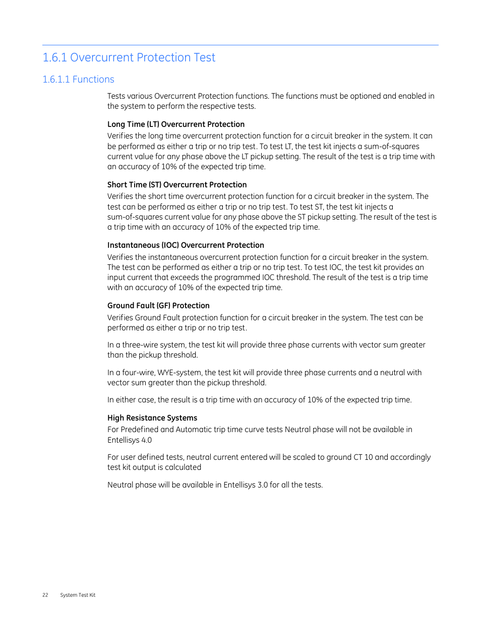 1 overcurrent protection test, 1 functions | GE Industrial Solutions Entellisys 4.0 System Test Kit User Manual User Manual | Page 22 / 66