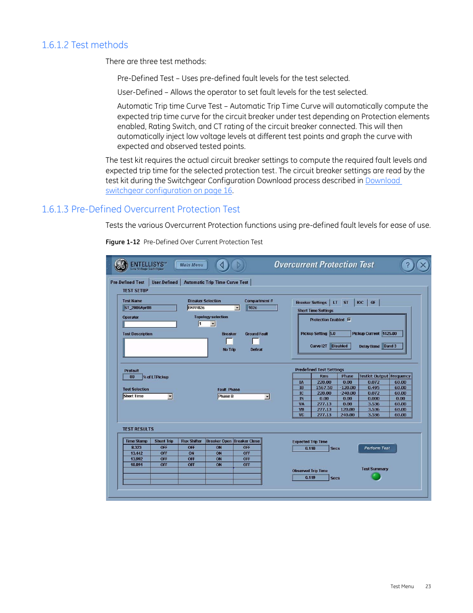2 test methods, 3 pre-defined overcurrent protection test | GE Industrial Solutions Entellisys 4.0 System Test Kit User Manual User Manual | Page 23 / 66