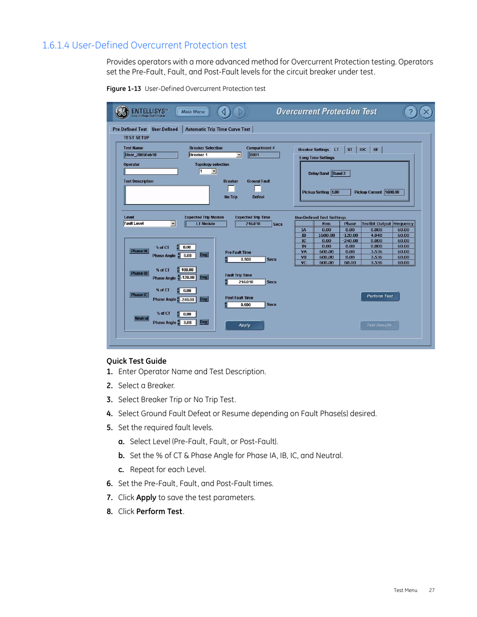 4 user-defined overcurrent protection test | GE Industrial Solutions Entellisys 4.0 System Test Kit User Manual User Manual | Page 27 / 66