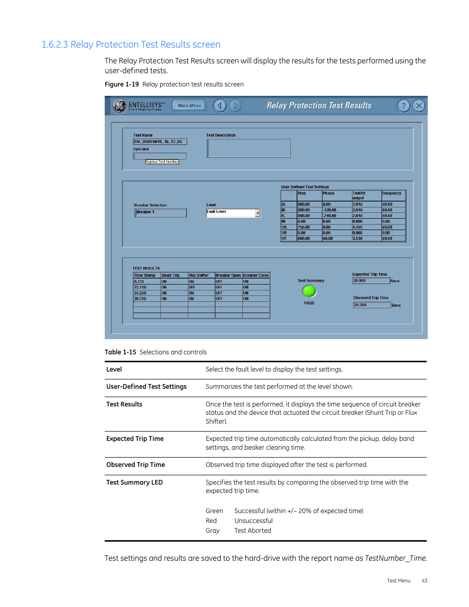 3 relay protection test results screen | GE Industrial Solutions Entellisys 4.0 System Test Kit User Manual User Manual | Page 43 / 66