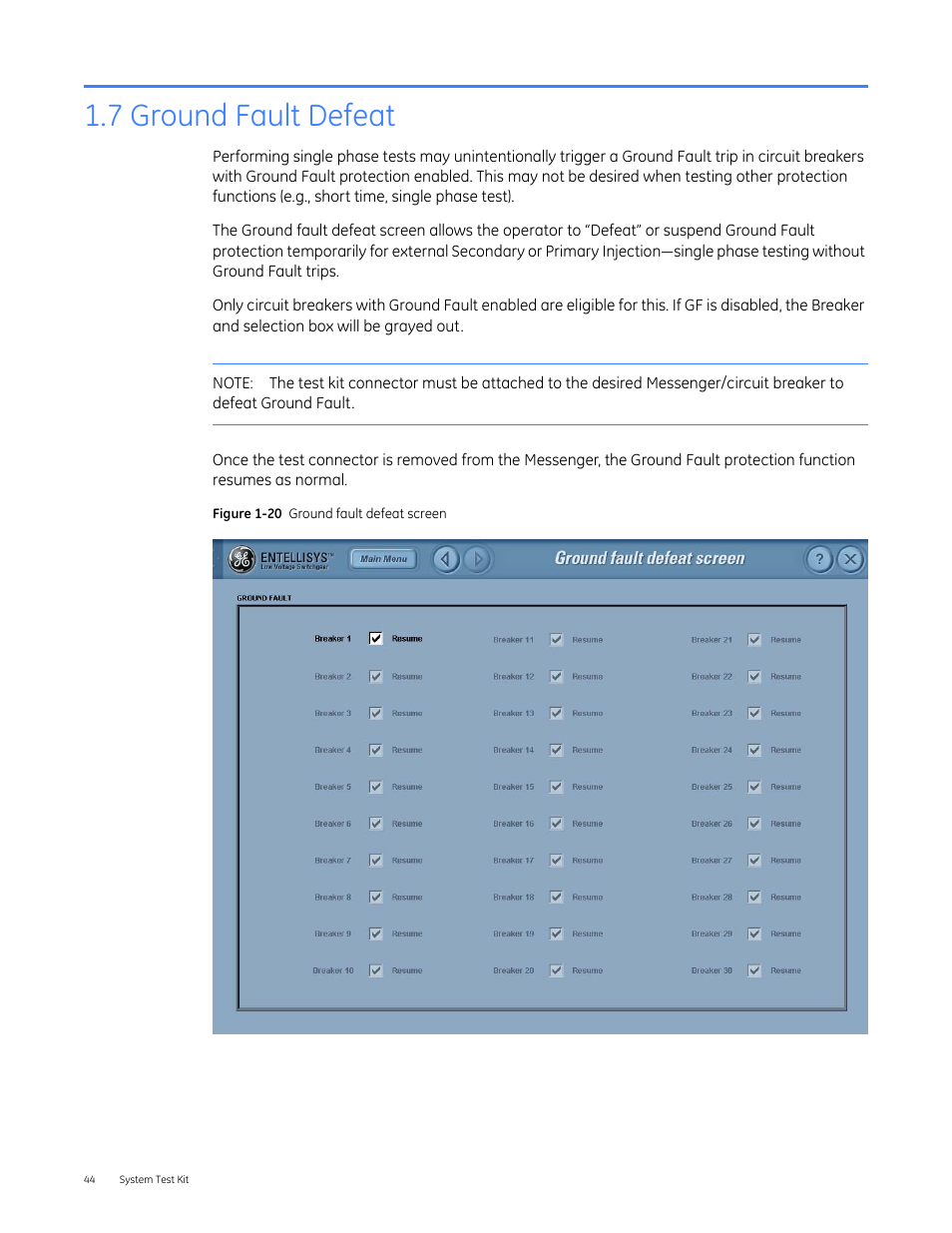 7 ground fault defeat | GE Industrial Solutions Entellisys 4.0 System Test Kit User Manual User Manual | Page 44 / 66