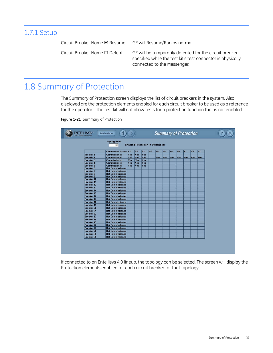 1 setup, 8 summary of protection | GE Industrial Solutions Entellisys 4.0 System Test Kit User Manual User Manual | Page 45 / 66