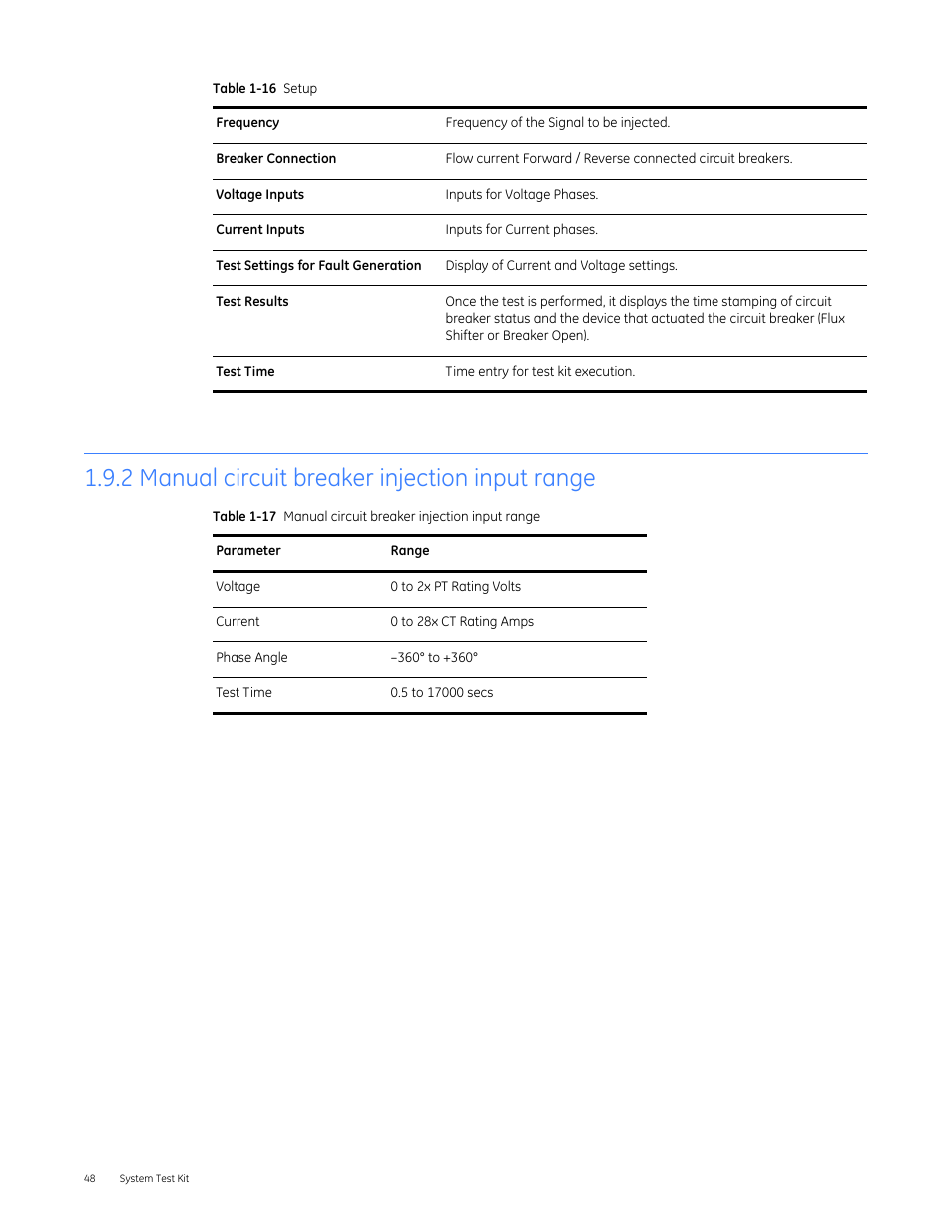 2 manual circuit breaker injection input range | GE Industrial Solutions Entellisys 4.0 System Test Kit User Manual User Manual | Page 48 / 66