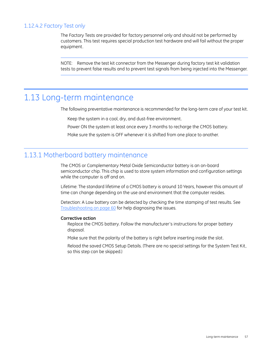 2 factory test only, 13 long-term maintenance, 1 motherboard battery maintenance | GE Industrial Solutions Entellisys 4.0 System Test Kit User Manual User Manual | Page 57 / 66