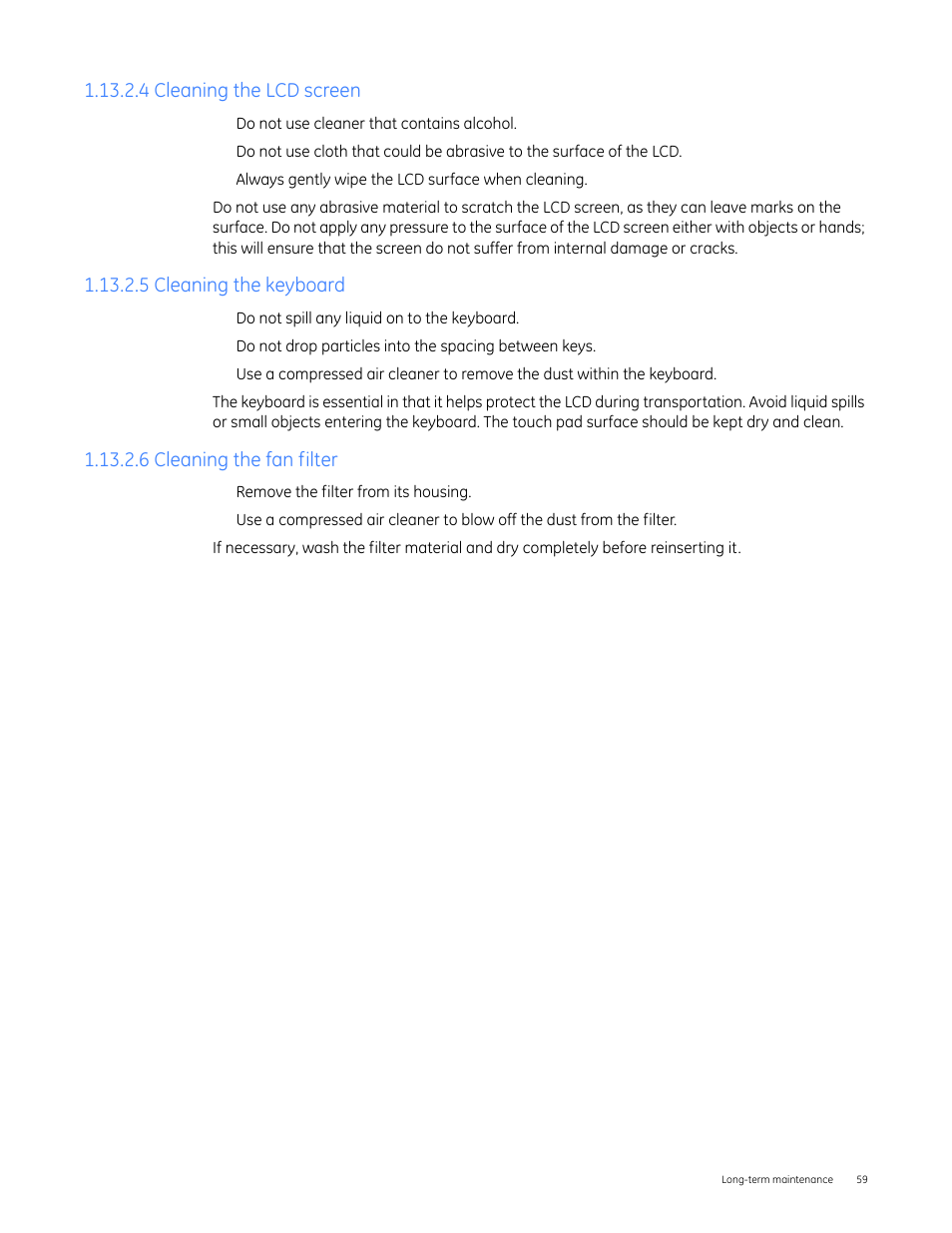 4 cleaning the lcd screen, 5 cleaning the keyboard, 6 cleaning the fan filter | GE Industrial Solutions Entellisys 4.0 System Test Kit User Manual User Manual | Page 59 / 66