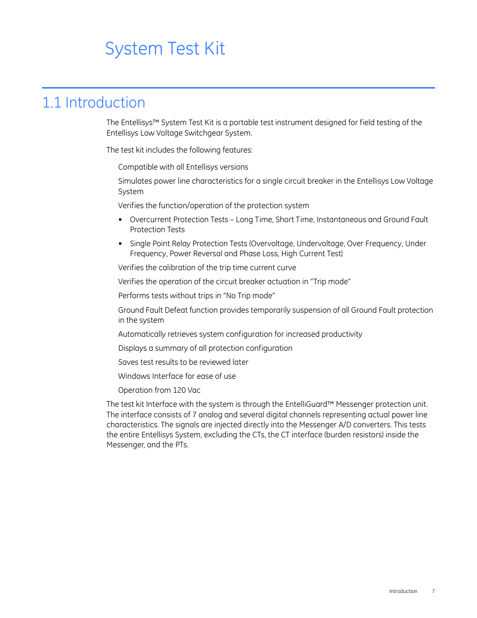 System test kit, 1 introduction, 1system test kit | GE Industrial Solutions Entellisys 4.0 System Test Kit User Manual User Manual | Page 7 / 66