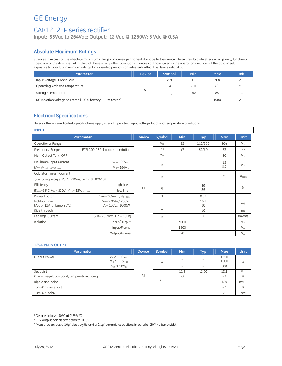 Ge energy, Car1212fp series rectifier, Absolute maximum ratings | Electrical specifications | GE Industrial Solutions CAR1212FP series User Manual | Page 2 / 7