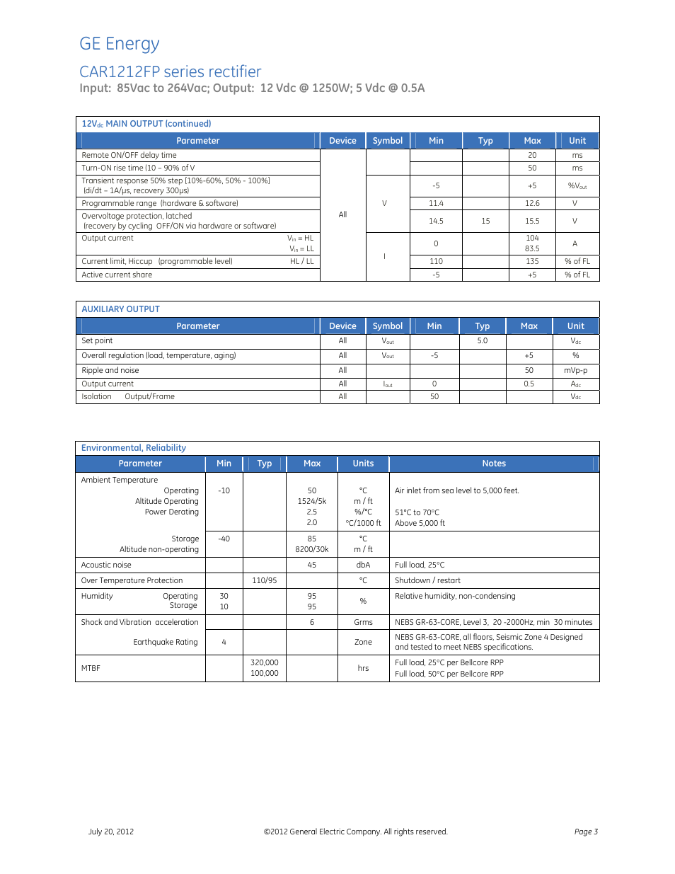 Ge energy, Car1212fp series rectifier | GE Industrial Solutions CAR1212FP series User Manual | Page 3 / 7
