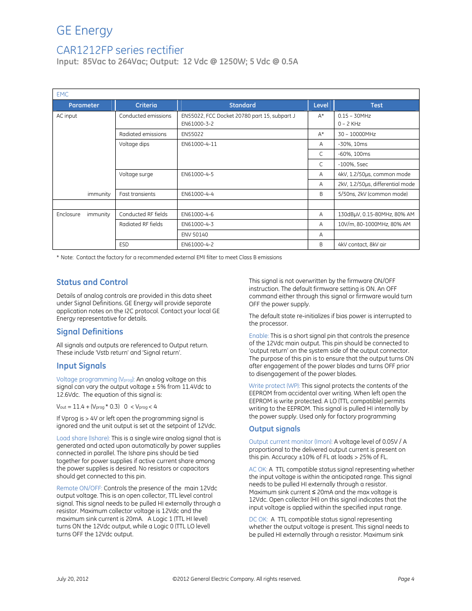 Ge energy, Car1212fp series rectifier, Status and control | Signal definitions, Input signals, Output signals | GE Industrial Solutions CAR1212FP series User Manual | Page 4 / 7