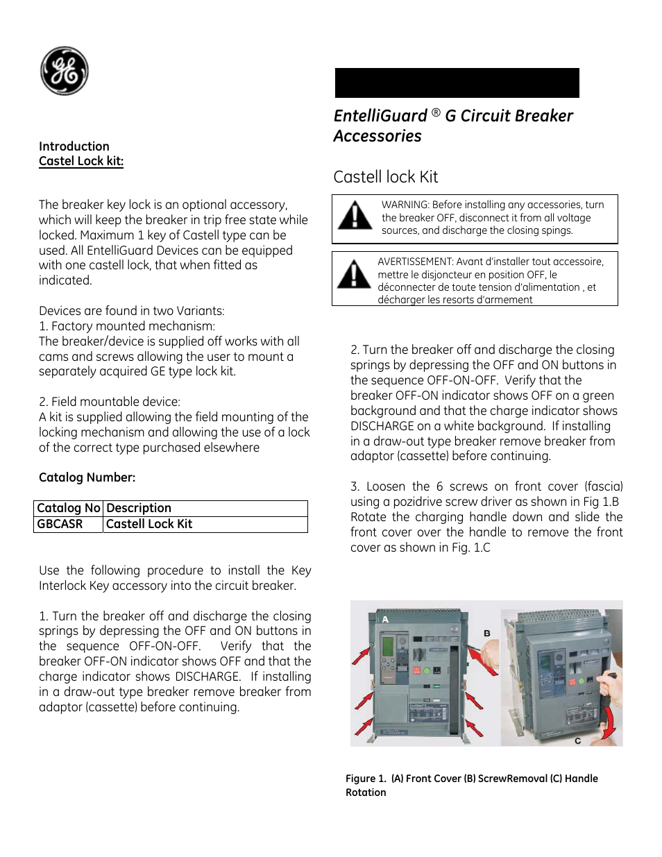 GE Industrial Solutions EntelliGuard G Castell lock Kit User Manual | 3 pages