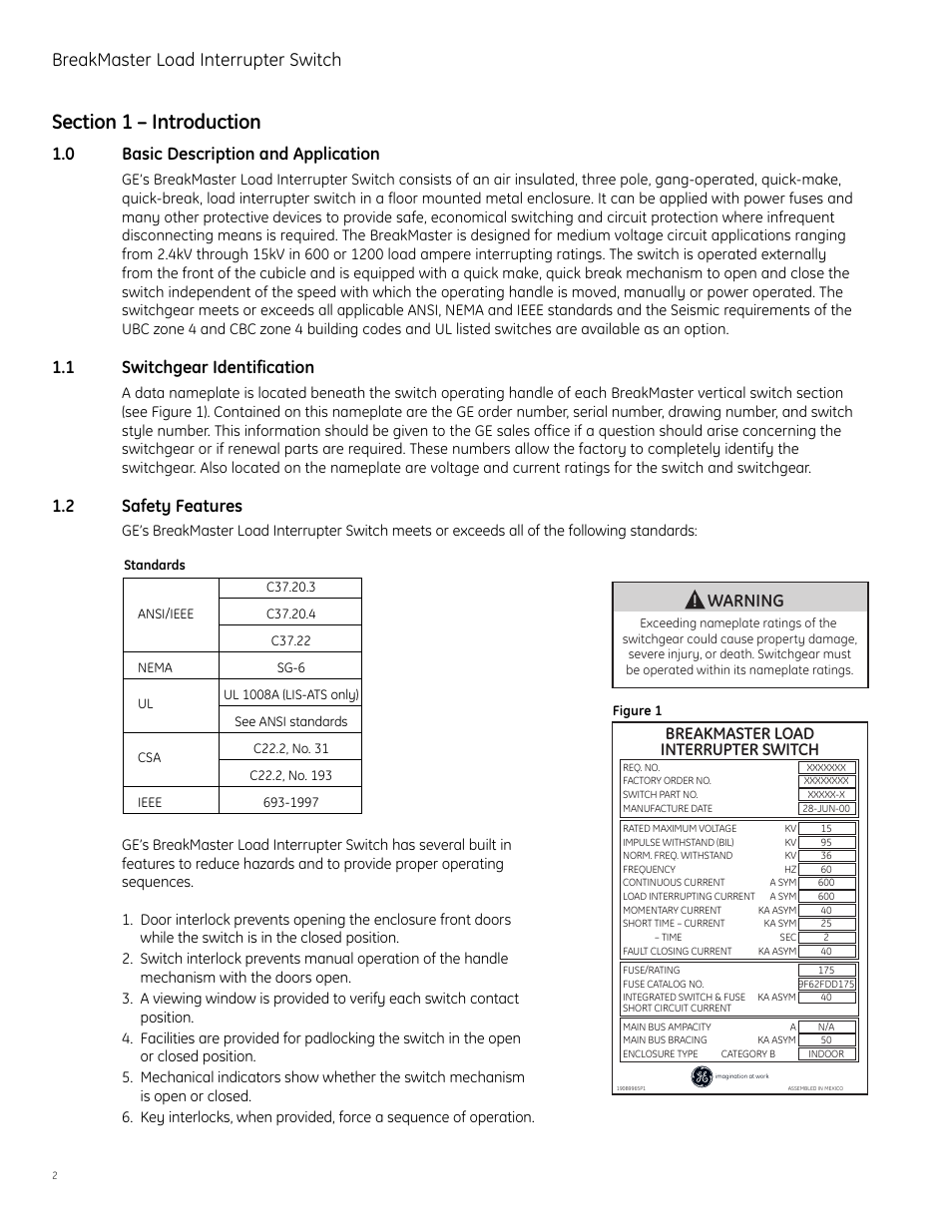 0 basic description and application, 1 switchgear identification, 2 safety features | Warning, Breakmaster load interrupter switch | GE Industrial Solutions BreakMaster Load Interrupter Switch User Manual | Page 3 / 29