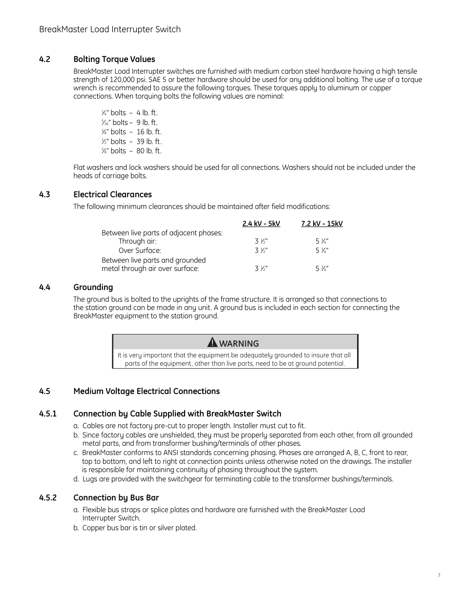 Warning, Breakmaster load interrupter switch, 2 bolting torque values | 3 electrical clearances, 4 grounding, 2 connection by bus bar | GE Industrial Solutions BreakMaster Load Interrupter Switch User Manual | Page 8 / 29