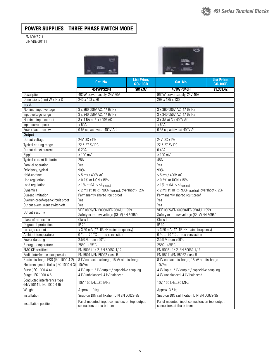 Power supplies – three-phase switch mode, 451 series terminal blocks | GE Industrial Solutions 451 Series Terminal Blocks User Manual | Page 19 / 24