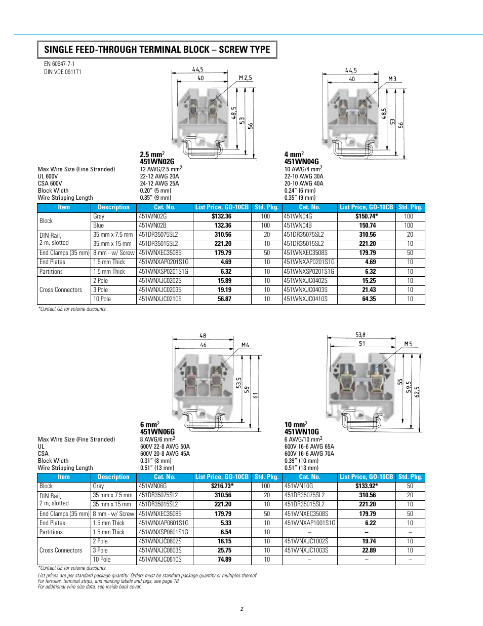Single feed-through terminal block – screw type | GE Industrial Solutions 451 Series Terminal Blocks User Manual | Page 4 / 24