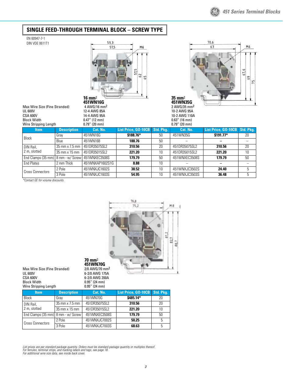 Single feed-through terminal block – screw type, 451 series terminal blocks | GE Industrial Solutions 451 Series Terminal Blocks User Manual | Page 5 / 24