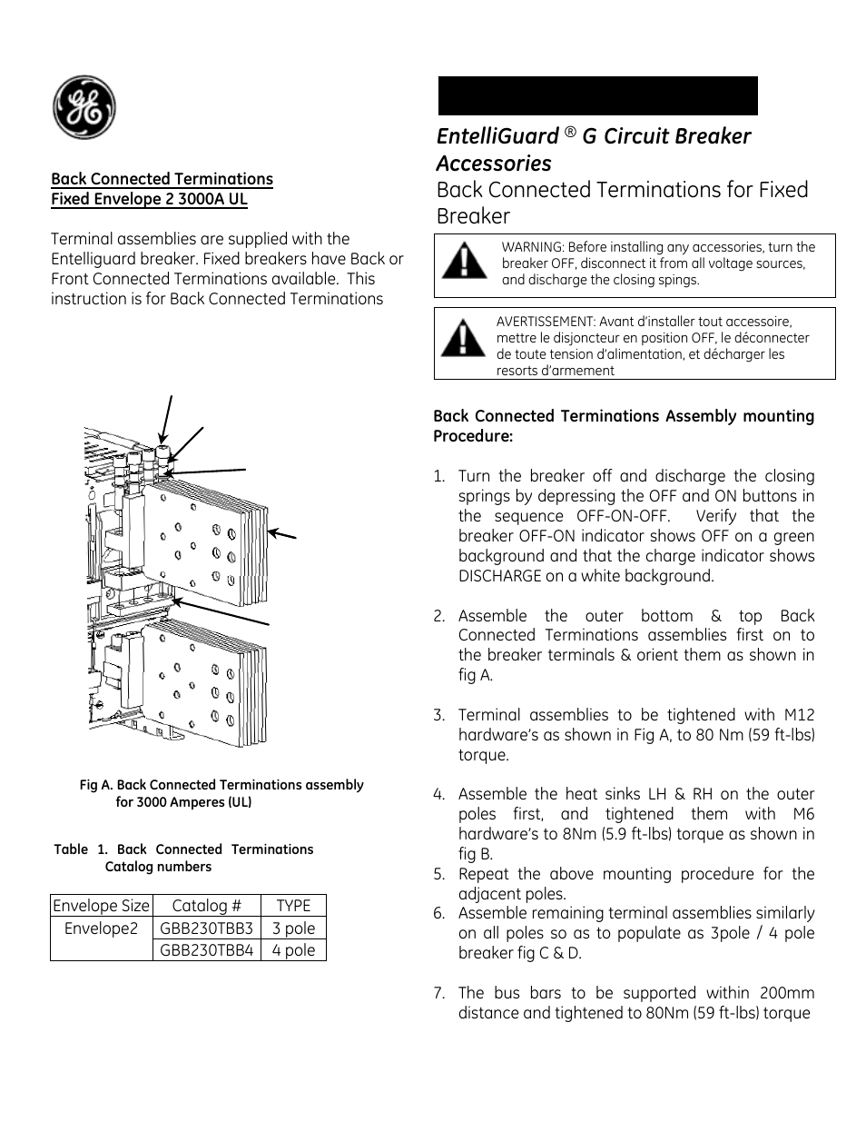 GE Industrial Solutions EntelliGuard G Back Connected Terminations for Fixed Envelope 2 3000A UL User Manual | 2 pages
