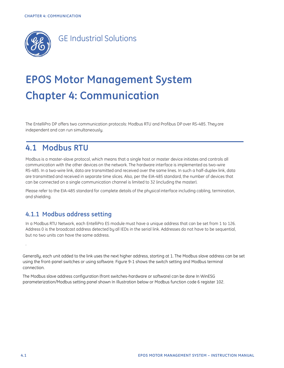 Epos motor management system, Chapter 4: communication, Ge industrial solutions | 1 modbus rtu, 1 modbus address setting | GE Industrial Solutions EntelliPro ES User Manual | Page 138 / 259