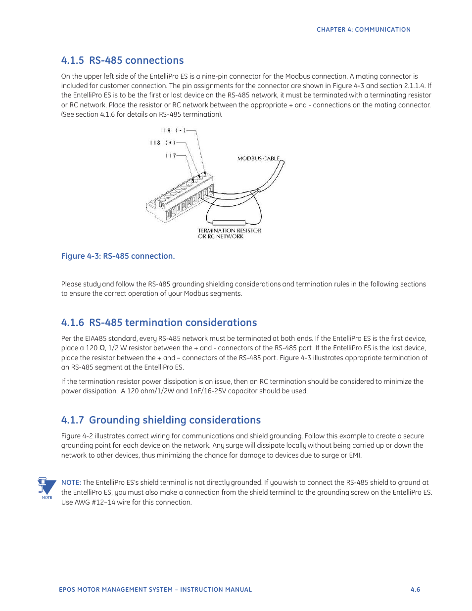 5 rs-485 connections, 6 rs-485 termination considerations, 7 grounding shielding considerations | GE Industrial Solutions EntelliPro ES User Manual | Page 143 / 259