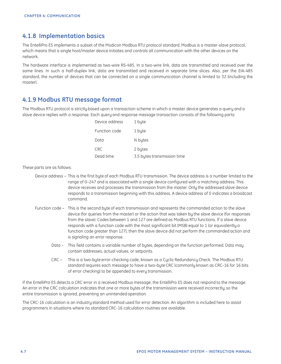 8 implementation basics, 9 modbus rtu message format | GE Industrial Solutions EntelliPro ES User Manual | Page 144 / 259