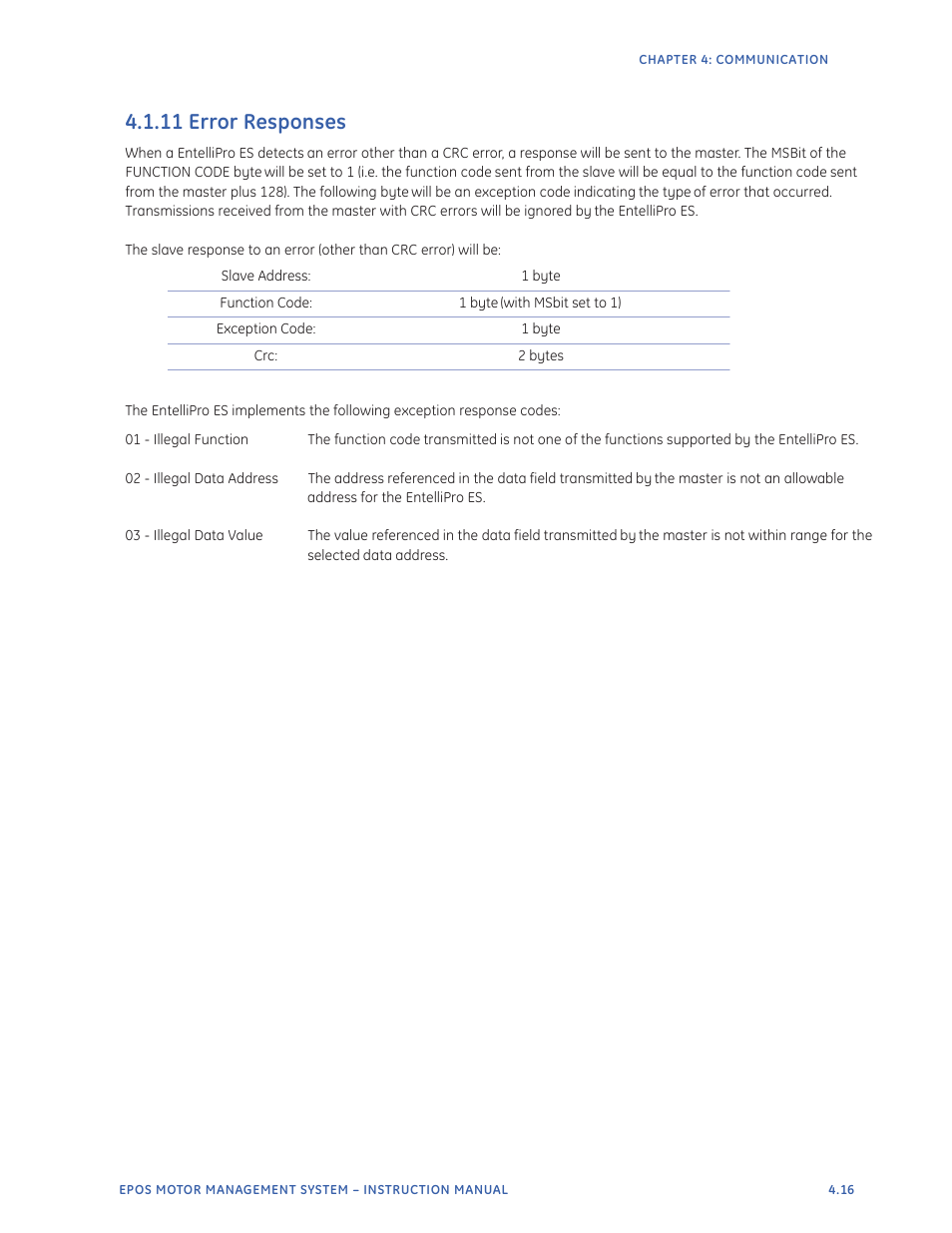 11 error responses | GE Industrial Solutions EntelliPro ES User Manual | Page 153 / 259
