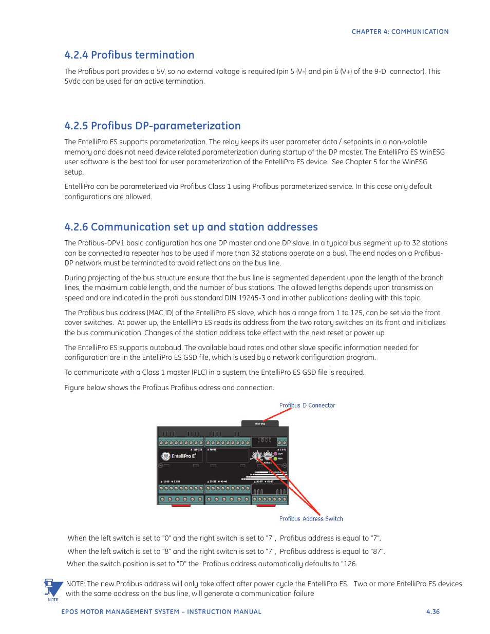 4 profibus termination, 5 profibus dp-parameterization, 6 communication set up and station addresses | GE Industrial Solutions EntelliPro ES User Manual | Page 173 / 259