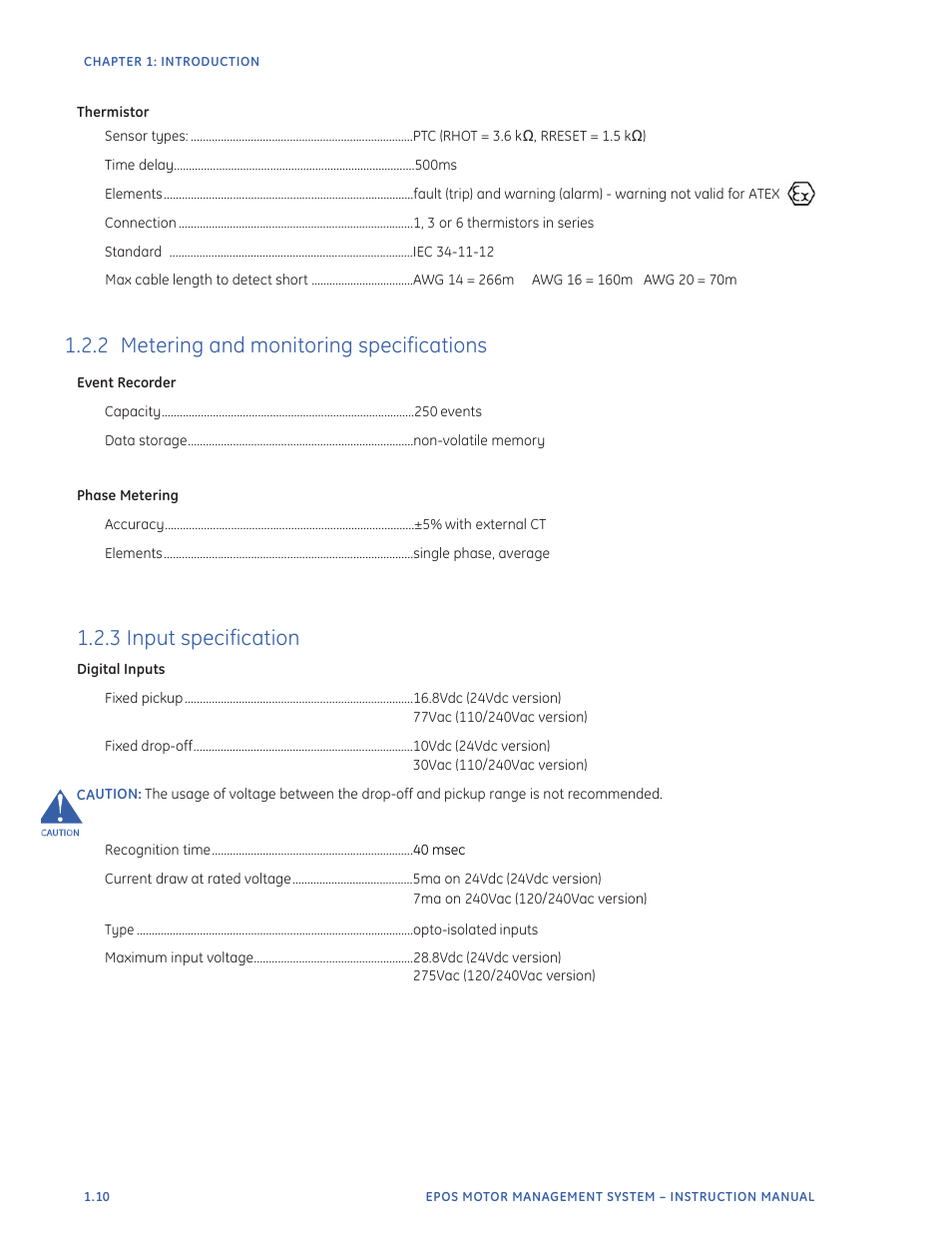 2 metering and monitoring specifications, 3 input specification | GE Industrial Solutions EntelliPro ES User Manual | Page 18 / 259